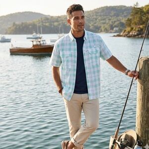 Realtree Men's XL Short Sleeve Fishing Guide Shirt In Aruba Blue Plaid